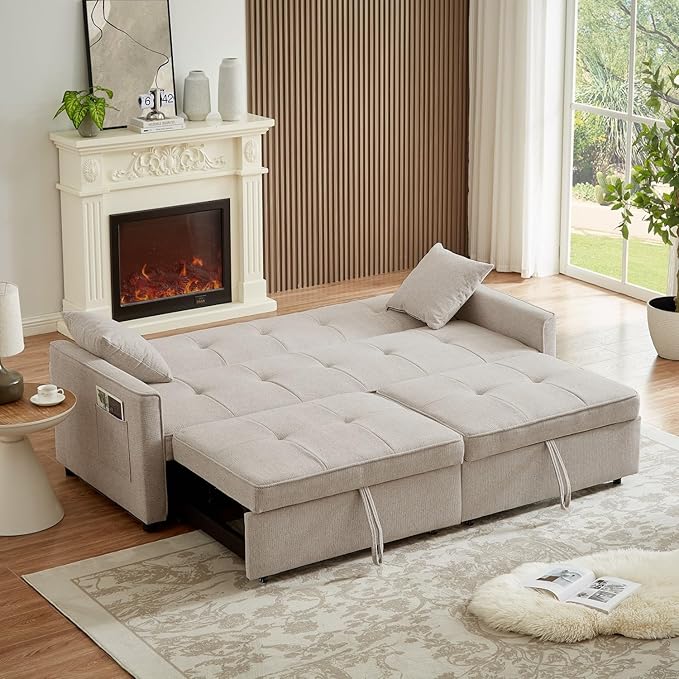 82" 3 in 1 Convertible Sleeper Sofa Bed, Modern Fabric Pull Out Couch, Loveseat Sofa with Pillows & Pockets, Futon Couch Bed Reclining Backrest for Living Room, Bedroom, Apartment, Beige