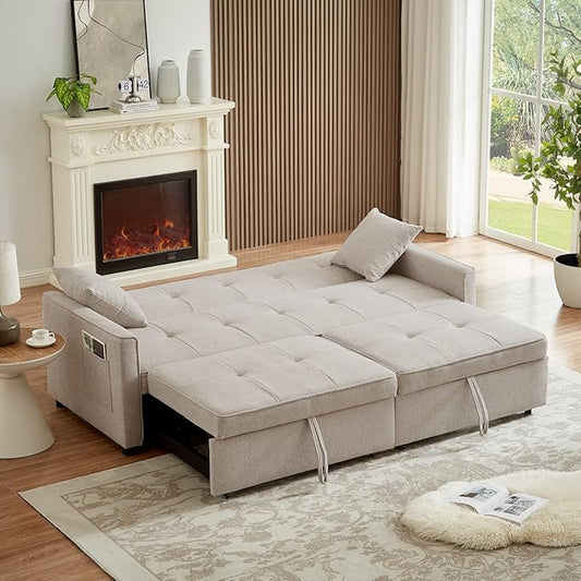 82" 3 in 1 Convertible Sleeper Sofa Bed, Modern Fabric Pull Out Couch, Loveseat Sofa with Pillows & Pockets, Futon Couch Bed Reclining Backrest for Living Room, Bedroom, Apartment, Beige