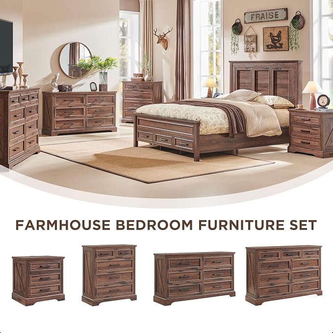 ACCOHOHO Farmhouse Nightstands Set of 2, 22 Inch Wide End Table with Charging Station & 3 Large Drawers, Rustic Wood Small Dresser Chest of Drawers for Bedroom, Living Room, Brown - Image 4