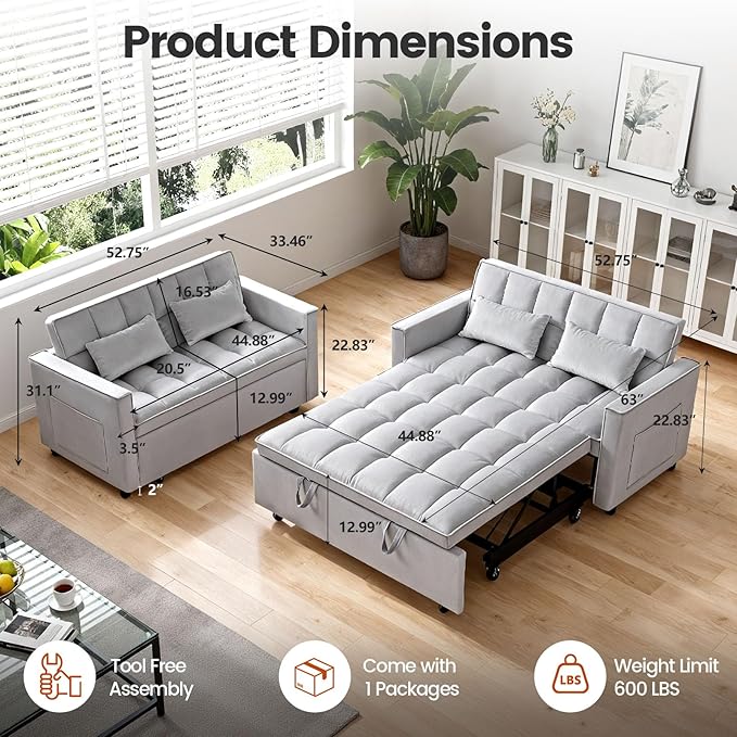 3 in 1 Sofa Bed, Love Seat Sleeper Bed with Side Pockets, Velvet Fabric Pull Out Couch with Adjustable Backrest for Living Room, Bedroom, Apartment,Gray