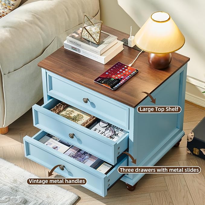 Joaxswe Farmhouse Nightstand Set of 2 with Charging Station, 24" Wide End Table with 3 Drawers,Dresser for Bedroom,Bed Side Table Chest of Drawers Cabinet,Wood Light Blue Night Stand for Living Room - Image 4