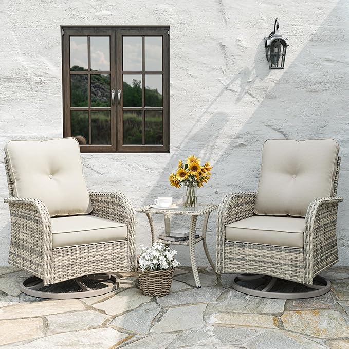 6-Piece Patio Rocking Swivel Chair Outdoor Wicker Rattan Bistro Set with Tempered Glass Side Table, Outdoor Patio Furniture Set for Garden, Deck, and Balcony, White