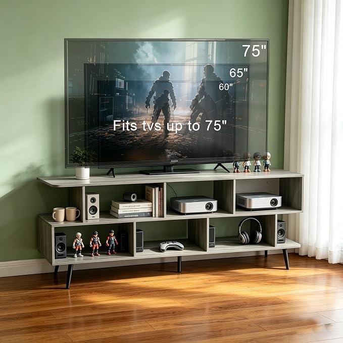 65" American Walnut TV Stand with Power Outlet,Large Media Console Table for TVs up to 75" with 8 Open Shelves,Entertainment Center for Living Room/Entrance/Kitchen/Sofa Cabinet,Easy Assembly - Image 4