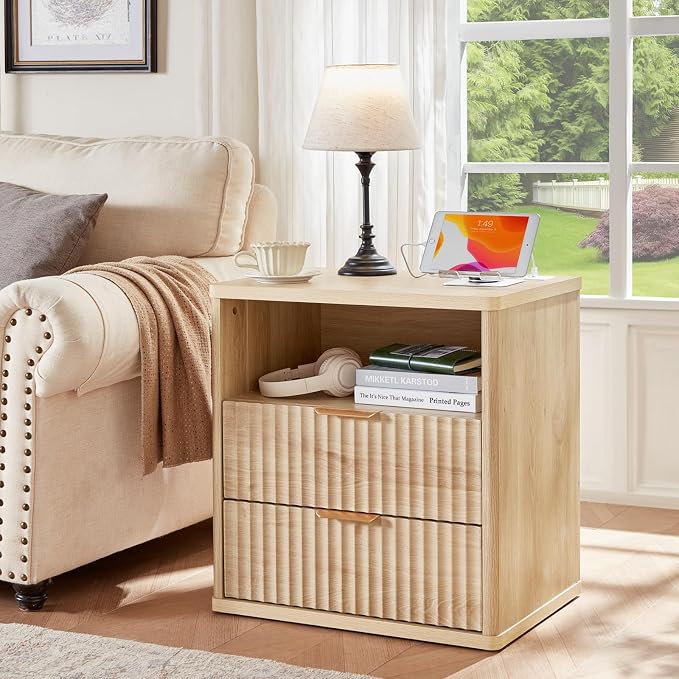 LEYAOYAO Fluted Nightstand with Charging Station, 23" Wide 2 Drawers End Table, Natural Night Stand with Open Storage Cabinet, Farmhouse Bed Side Tables, Wood Dresser for Bedroom, Living Room, Closet - Image 4