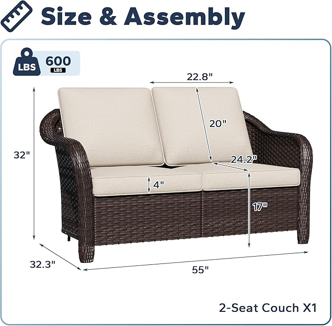 55" Outdoor Loveseat Wicker 2-seat Sofa with Removable Cushions, Conversation Patio Furniture, PE Rattan Couch, Steel Frame Couch with Cushions for Backyard, Deck (Beige)