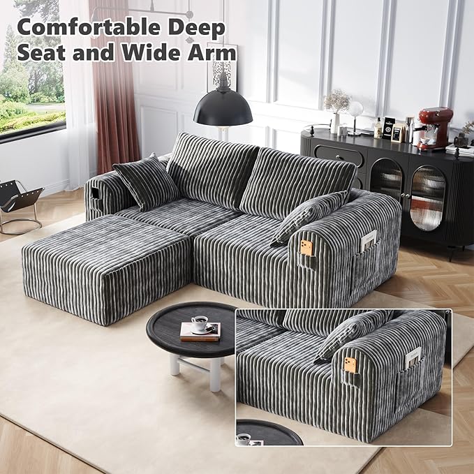 106" Boneless Couches for Living Room, Modular Sectional Sofa, L-Shape Sofa Couches,Cloud Couch Sectional, Comfy Corduroy Sofa, with Deep Seat, No Assembly Required (Gray, 2 Seater + 1 Ottoman)