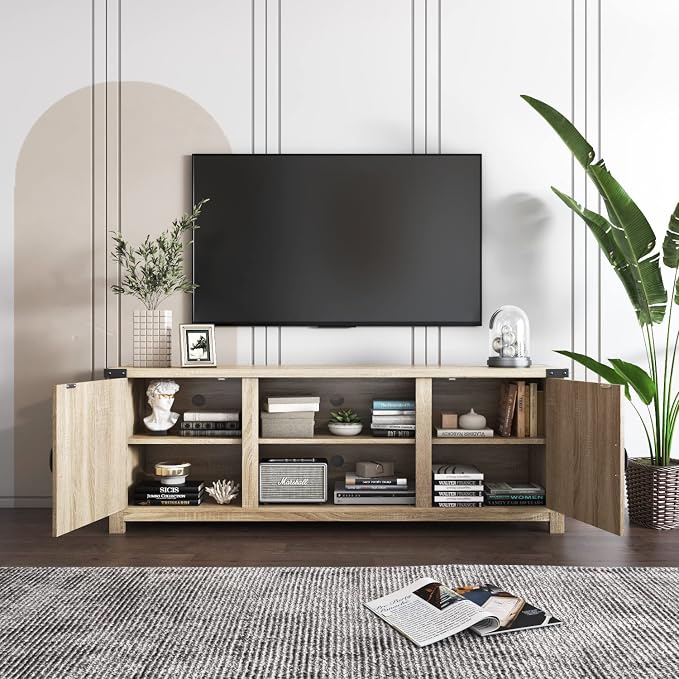 YESHOMY Modern Farmhouse TV Stand with Two Barn Doors and Storage Cabinets for Televisions up to 65+ Inch, Entertainment Center Console Table, Media Furniture for Living Room, 58 Inch, White Oak - Image 4