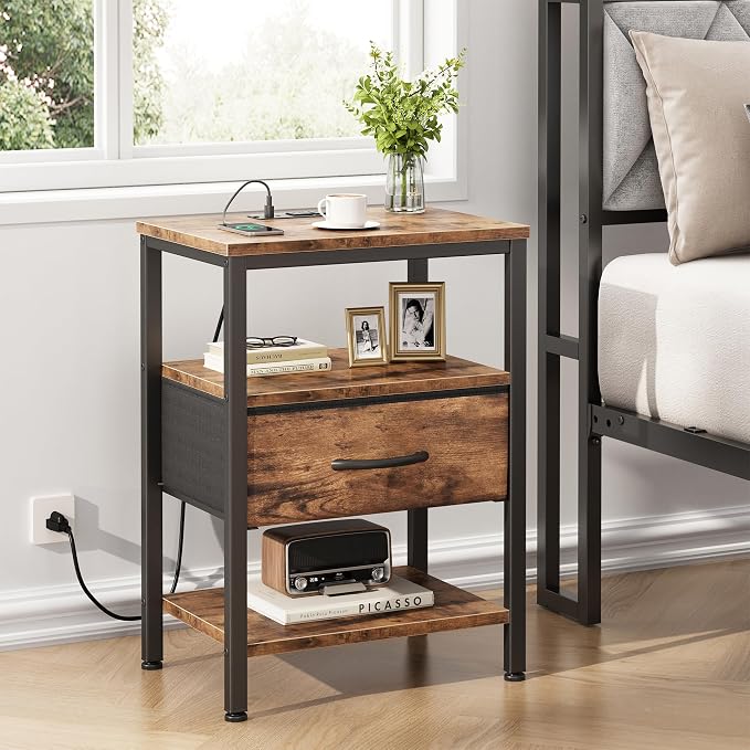 DUMOS Bedside Table with Charging Station and Adjustable Fabric Drawer Compact Nightstand 3-Tier Storage Organizer End Table for Bedroom,Brown - Image 2