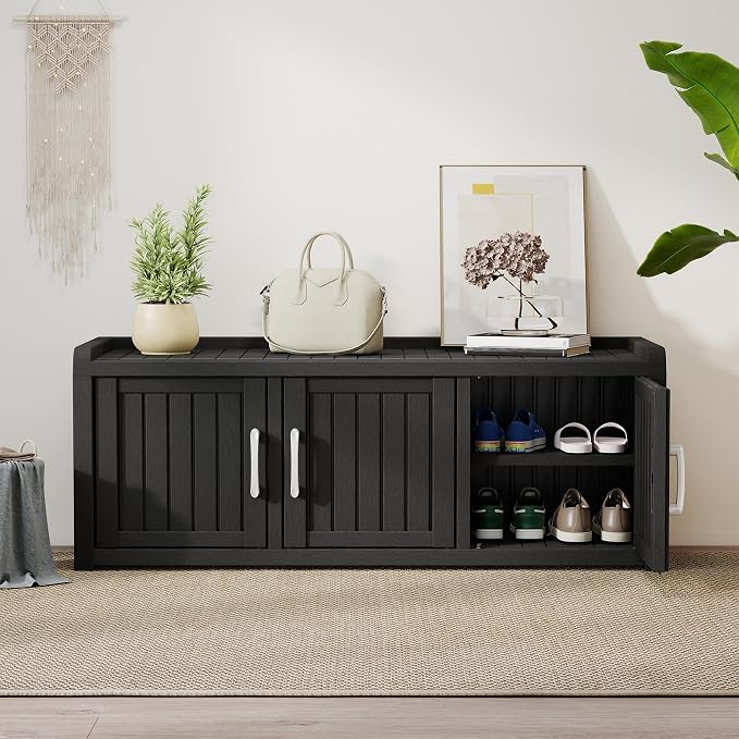 2-Tier Storage Bench, Waterproof UV-Resistant Outdoor Shoe Storage Cabinet with 3 Doors & Adjustable Shelves for Indoor Outdoor Entryway, Hallway, Living Room (Black) - Image 6