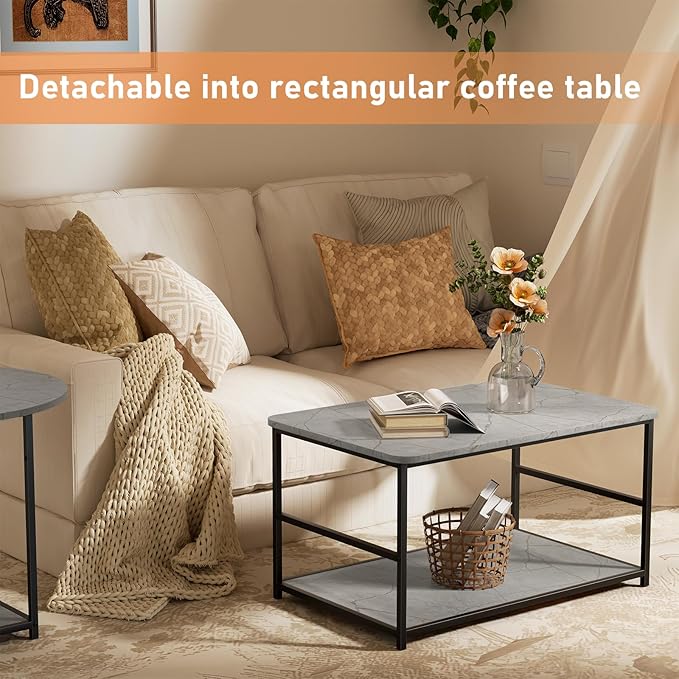 WOHOMO Coffee Table, Modern Style Coffee Tables for Living Room Marble Center Table with Storage 2 in 1 Detachable Nesting Table Set, Grey Marble