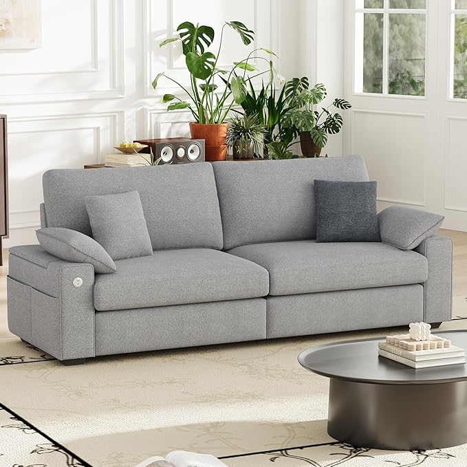 89" Loveseat Couch, 3 Seater Upholstered Midcentury Mondern Love Seat with USB Type C Ports, 4 Pillows and Storage Armrest Cloud Foam Sofa for Living Room/Small Spaces, Grey | Breathable material