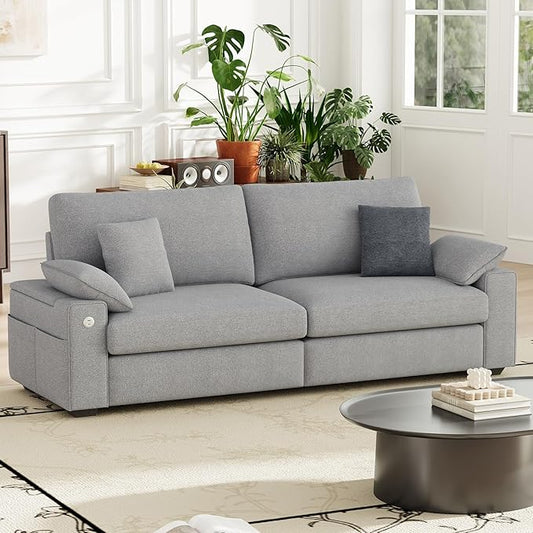 89" Loveseat Couch, 3 Seater Upholstered Midcentury Mondern Love Seat with USB Type C Ports, 4 Pillows and Storage Armrest Cloud Foam Sofa for Living Room/Small Spaces, Grey | Breathable material