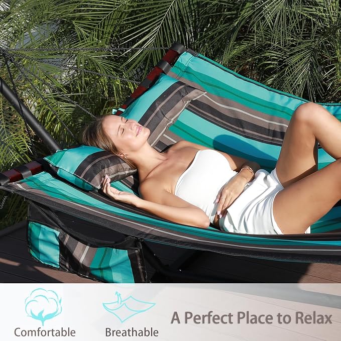 TegerDeger 12FT 2 Person Hammock Large Hammock 450LB Capacity with V Shaped Hardwood Spreader Bar & Nylon Rope for Outside, Patio, Garden, Backyard, Beach, Poolside - Teal Stripes - Image 2
