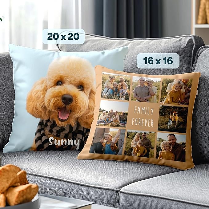 Fabric Textile Products Custom Pet Pillow - USA Made - Custom Pillow with Cat and Dog Photos - Bone with Name - Throw Pillow - Personalized Gift - Pet Gifts (16"x16")