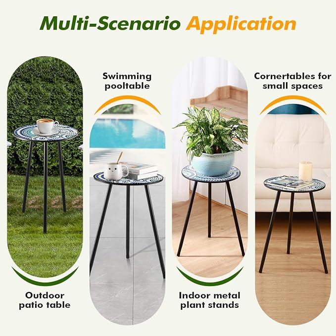 1 Pack Metal Outdoor Side Table Small Outside Round End Table for Patio Modern Accent Garden Corner Table for Small Spaces, Balcony, Porch, Weather-Resistant, Plant Stand Indoor, Round Mosaic - Image 6