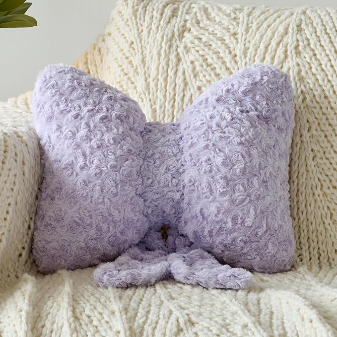Bow Pillow, Decorative Bow Pillows with Soft Plush for Couch Bed, Bow Shaped Throw Pillow Room Decor for Bedroom, Bow Decorative Pillow for Living Room (Lavender Purple, Small-12 Inches)