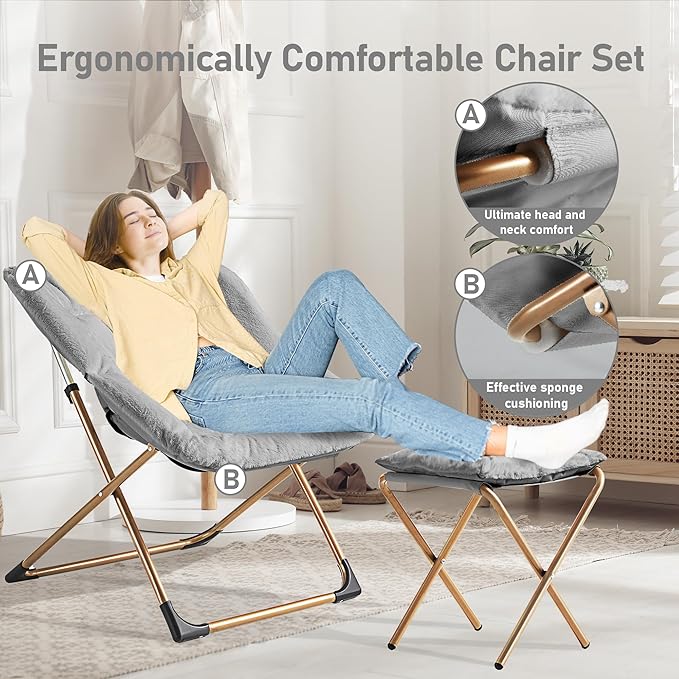 Youtanic Comfy Oversized Saucer Chair with Ottoman,Soft Faux Fur Reading Lounge Chair for Adults,Stable X-Large Metal Frame and Non-Slip Pad,Cozy Chair for Bedroom, Living Room, Dorm, Light Gray