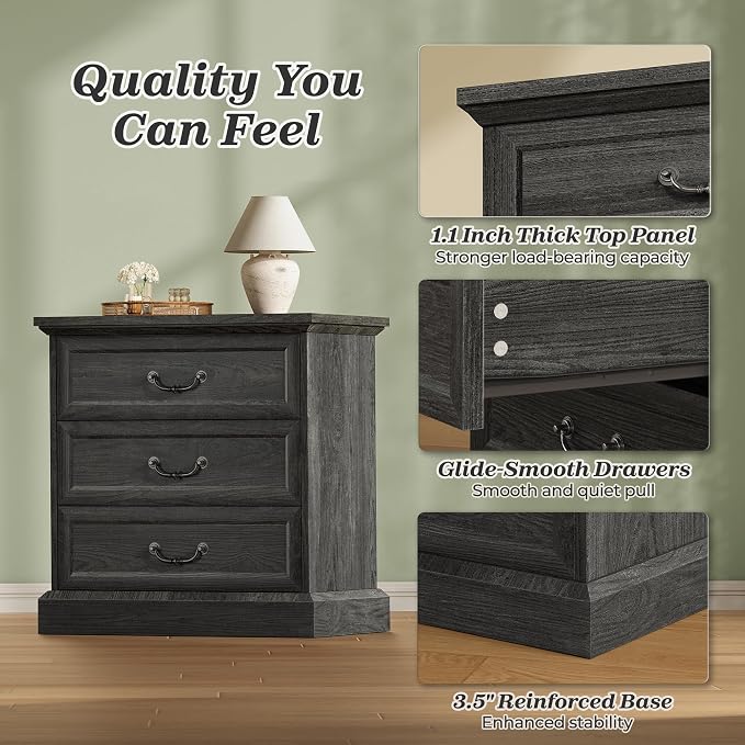 Huuger Nightstand with Charging Station, 3 Drawer Night Stand, 22 Inch Wider Side Table with Storage, Farmhouse Nightstand with Vintage Handles, Thicken Base, for Bedroom, Black - Image 8