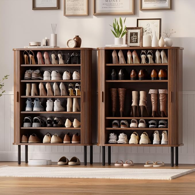 ONBRILL 6-Tier Shoe Cabinet with Sliding Door, Wooden Shoe Storage Cabinet with Adjustable Shelves, Mid-Century Modern Freestanding Shoe Storage Organizer for Entryway, Hallway, Living Room, Walnut - Image 6