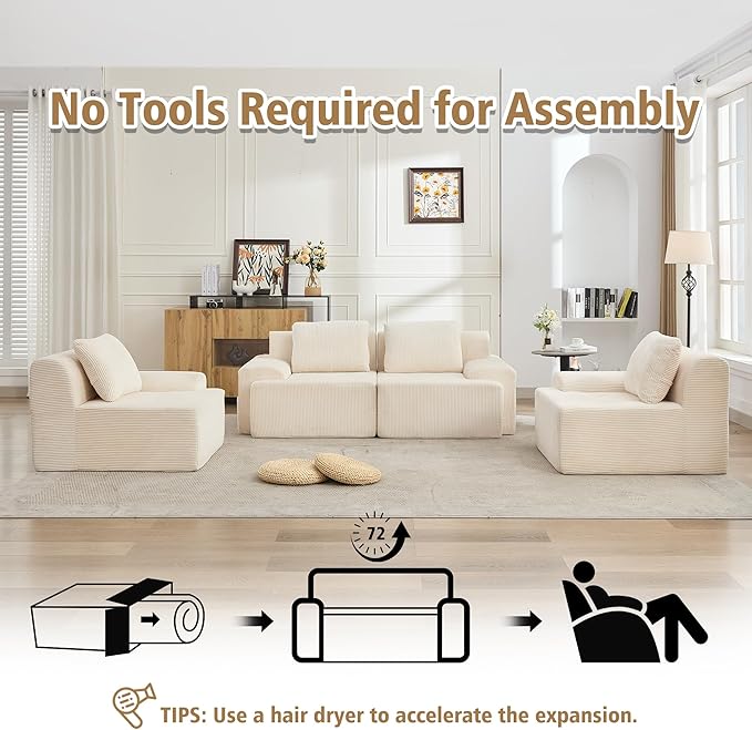 KIGOTY Modular Sectional Sofa, 4 PCS Comfy Cloud Sectional Couch with Deep Seat, Corner Couch, Modern Boneless Sofas for Living Room, No Assembly Required,White