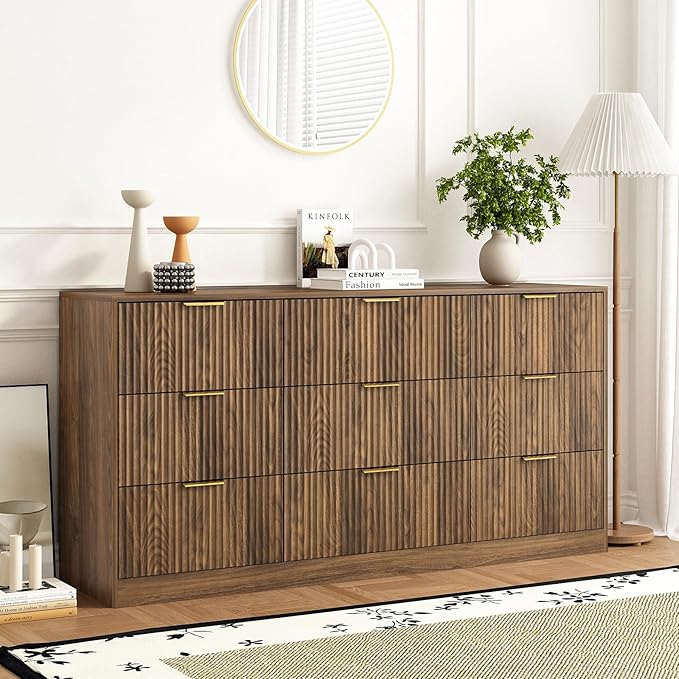 9 Drawer Dresser and Nightstand Sets for Bedroom, 3 Pcs Bedroom Set，Night Stand Set of 2 & 9 Drawer Dresser with Gold Handles, Modern Wood Chest of Drawers Storage Cabinet Set, Natural