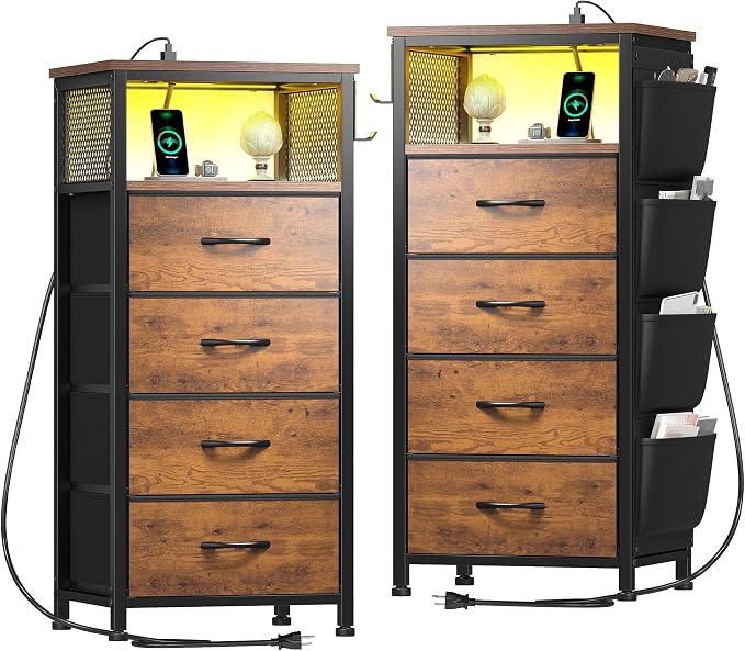EnHomee Nightstand Set of 2, Night Stand with Charging Station & LED, Bedside Table with Fabric Drawers and Storage Shelf, Sturdy Steel Frame, Wood Top, Cloth Bags, Hooks, Brown by EnHomee