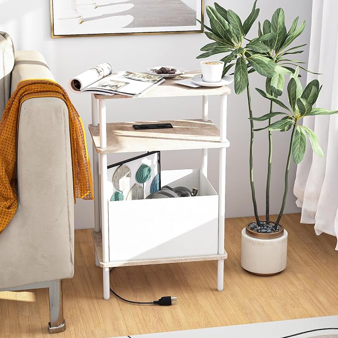 Small Side Table with Charging Station, Set of 2 End Table for Small Spaces, Slim Nightstand with Outlet,Sofa Beside Table, 3-Tier Storage Shelf,Living Room, Bed Room, Natrual Oak - Image 4