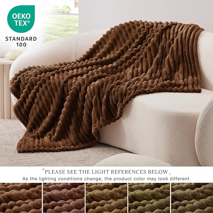 EXQ Home Fleece Throw Blanket for Couch or Bed - 3D Stripe Jacquard Decorative Blankets - 280GSM Cozy Soft Lightweight Fuzzy Flannel Blanket Suitable for All Seasons(50"??60",Brown)