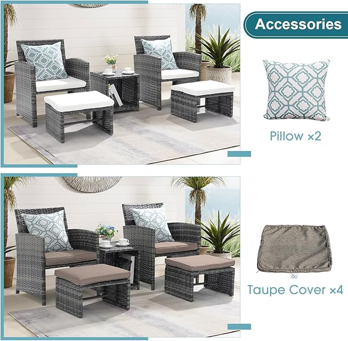 OC Orange-Casual 5 Piece Patio Furniture Set, Wicker Outdoor Conversation Chair and Ottoman Set with Coffee Table, Pillows Included, for Balcony, Porch, Deck, White