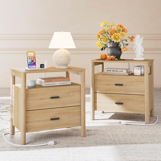 Night Stand Set 2, 23" Wide Nightstands Set of 2, Large Nightstand with Charging Station, 2 Drawer Wooden End Table with Solid Round Post Legs, Modern Bedside Table for Bedroom, Natural Oak by FavourLife