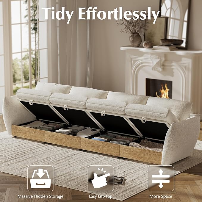 126" 4-Seater Cloud Couch Sectional Modular Sofa with Storage, Cotton and Linen Fabrics Modern Oversized Deep Seat Sofa with Armrest Pillow, Easy Assembly for Living Room, Apartment, Ivory
