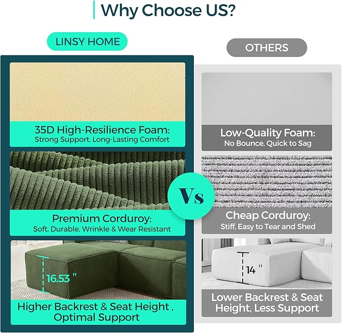 LINSY HOME Modular Sectional Sofa, 134" Boneless Couch L Shaped 4-Seat Sofa with Movable Ottoman, Corduroy Sectional Cloud Couches for Living Room, No Assembly Required, Green