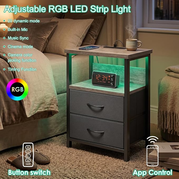 Fixwal Night Stand with Charging Station, LED Nightstand with U-S-B Ports and Outlets, 2 Fabric Storage Drawers with PU Finish, Bed Side Table, French Oak - Image 4