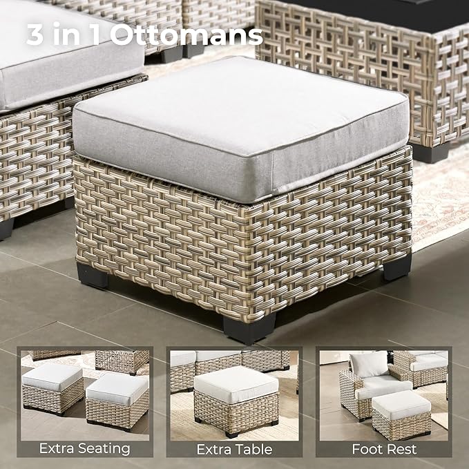 HOOOWOOO Outdoor Sectional Patio Furniture Set,8 Pieces Wicker Conversation Sets,Extra Deep Out Door Sofa Outside Furniture Couch with Swivel Chairs Ottoman,Light Gray