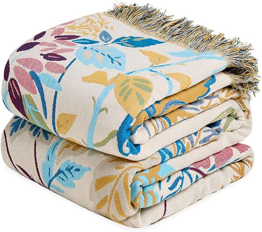 LUTBM Boho Throw Blanket for Bed Cotton Spring Blankets Twin Size for Bedroom Living Room All Season Lightweight Floral Embroidery Decorative Breathable Quilt for Couch Sofa Chair 60"x80"
