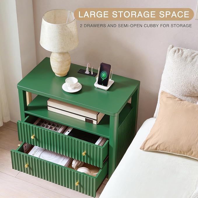 Fluted Nightstand with Charging Station Set of 2, 27.3" Tall Modern Bedside Table with 2 Drawers & Open Shelf, Large Wide Wood End Table with Storage & Metal Handle for Bedroom, Green - Image 5