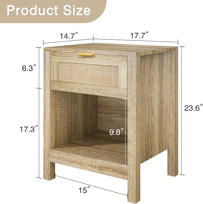 KIGOTY Farmhouse Nightstands, Night Stand, Rattan Nightstand Bedside Table with Drawer, Boho End Side Tables with Open Shelf for Bed Room, Natural Oak - Image 2