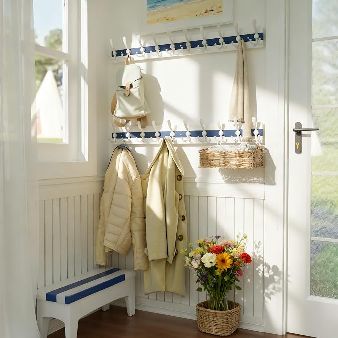 SKOLOO Coastal Coat Rack Wall Mount-38-1/8 Beach House Entryway Wooden Coat Hook with 10 Hooks for Hanging Coats, Hats or Towels, Oceanfront Cottage Core Collection, White & Blue, Pack of 2 - Image 2