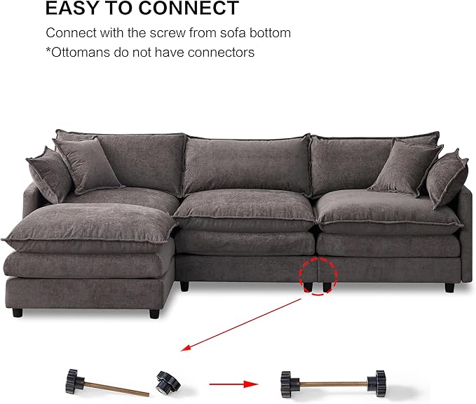 105" Oversized Modular Cloud Sectional Sofa Free Convertible L-Shaped Corner Sectional with Movable Ottoman, Chenille Upholstered Multiple Cushions Cloud Sofa Couches | Easy to Assemble