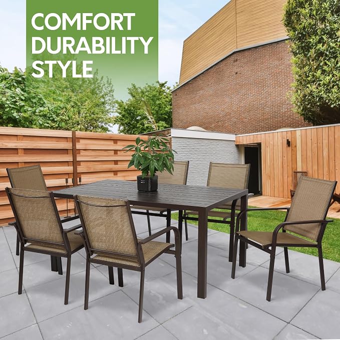7 Piece Patio Dining Set for 6, 6 Stackable Textilene Chairs and 1 Dining Table Outdoor Furniture Set, Brown - Image 3