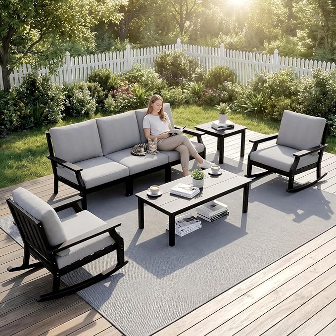 HDPE Patio Conversation Set, 7-Piece All Weather Outdoor Furniture Set with 2 Single Rocking Armchairs for Deck, Lawn, with Cushion, Black