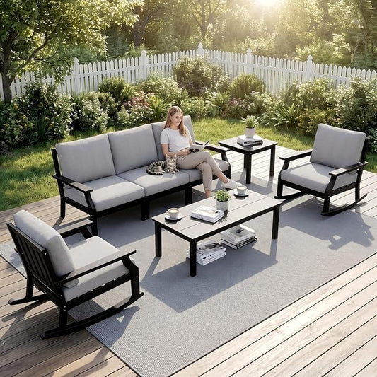 HDPE Patio Conversation Set, 7-Piece All Weather Outdoor Furniture Set with 2 Single Rocking Armchairs for Deck, Lawn, with Cushion, Black