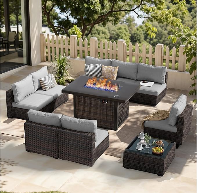 Patio Furniture Set with Fire Pit Table 10 Piece All Weather PE Rattan Outdoor Sectional Sofa Couch with 8 x armless sofa, No-Slip Cushions and Glass Top Table for Garden, Poolside, Backyard (Gray)