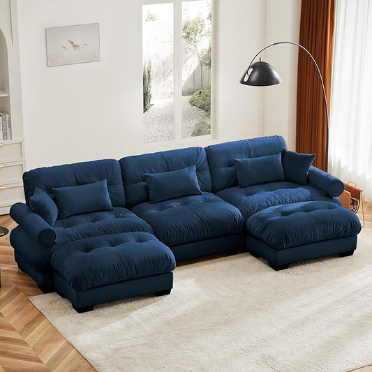KEIKI 130" U-Shaped Oversized Velvet Modular Sectional Sofa with 2 Ottoman, High-Density Foam Cushions and Bolstered Armrests, Upholstered 3-Seater Cloud Couch with 5 Pillow, for Living Room, Blue