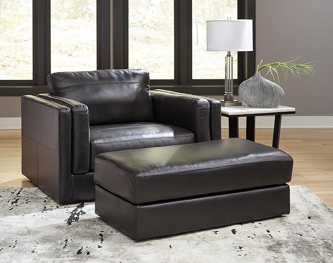 Signature Design by Ashley Amiata Contemporary Firmly Cushioned Leather Rectangular Ottoman, Black