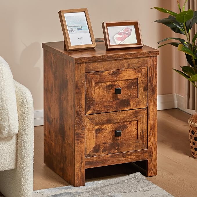 AMERLIFE Nightstand Set of 2 with Charging Station, Rustic Bedside Table with Drawers Storage, Farmhouse Wood Night Stand for Bedroom, Rustic Brown - Image 3