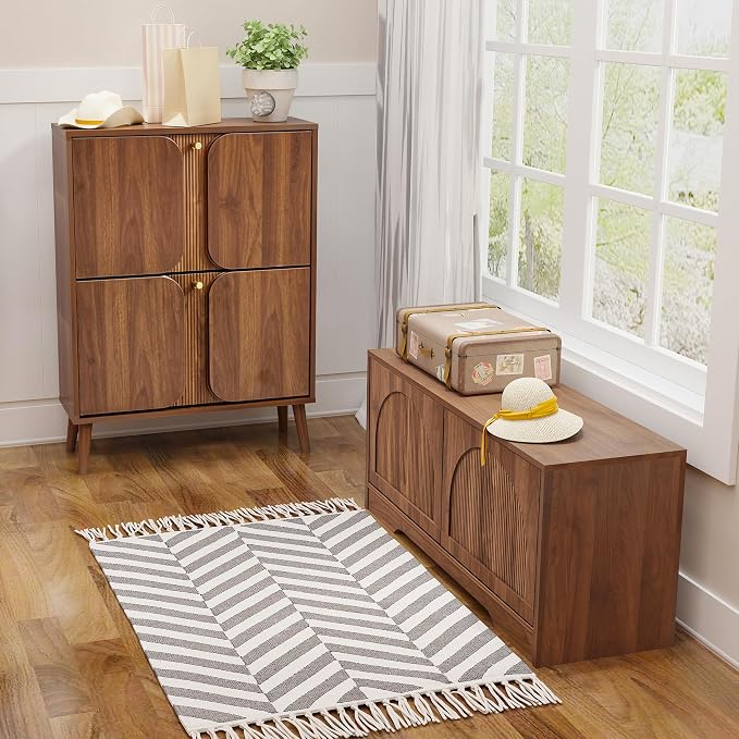 BERRYMERRY 39.4" Fluted Shoe Storage Bench for Entryway,2 Tier Shoe Cabinet Bench with Adjustable Shelf,Bench for Bedroom End of Bed (Walnut, 13.8”D x 39.4”W x 18.5”H) - Image 7
