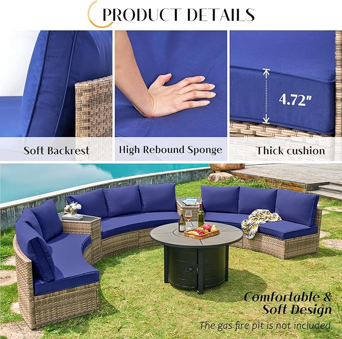 PaPaJet 6-Piece Patio Furniture Set, Half-Moon Wicker Sectional Sofa with Cushions, Waterproof Rattan Outdoor Conversation Set for Beach, Pool, Garden & Balcony, Blue