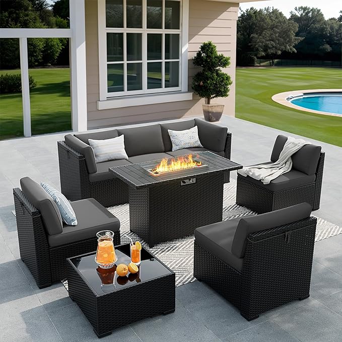 8 Pieces Outdoor Patio Furniture Set with 44" Fire Pit Table Black Rattan Sectional Conversation Sets w/Gas Fire Pit, Coffee Table, 1 Waterproof Covers, Dark Grey