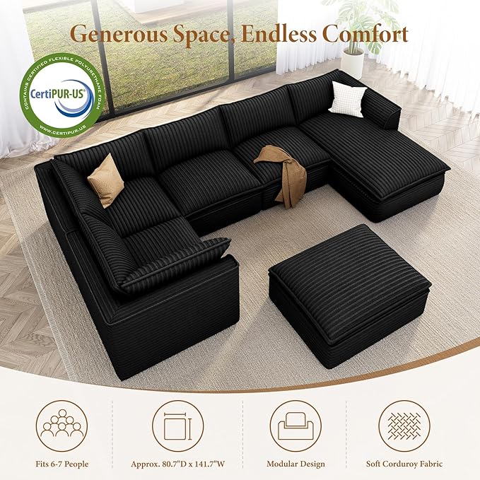 Vesgantti 141.7" Oversized Sectional Boneless Couch, 7 Seater Modular Sofa with Chaise & Ottoman & Armrest, Deep Seat Plush Corduroy Cloud Couches for Living Room, No Assembly Required, Black